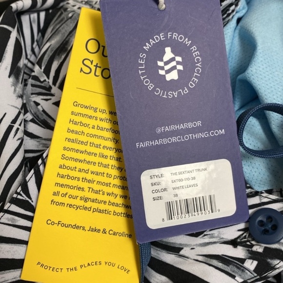 Fair Harbor The Sextant Trunk Lined Stretch Black White Palm Leaves Short Sz 38 - Picture 15 of 16